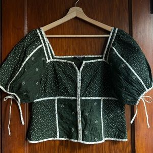 Madewell Patchwork Puff Sleeve Quilted Top NWT size 14 green
